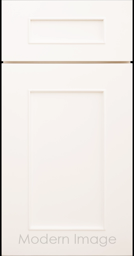 Chandler Shaker kitchen cabinet in Frost White, showing the raised trim surrounding the center panel.